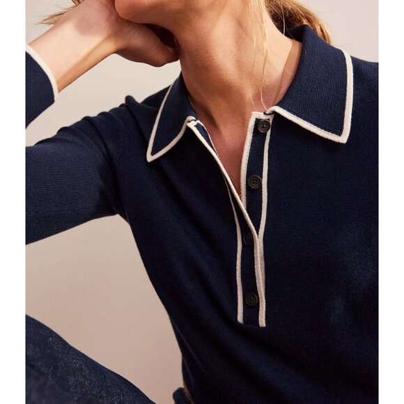 Boden Estelle Henley Sweater S Polo Collar Navy Blue Cotton Wool Blend Preppy - Picture 2 of 16